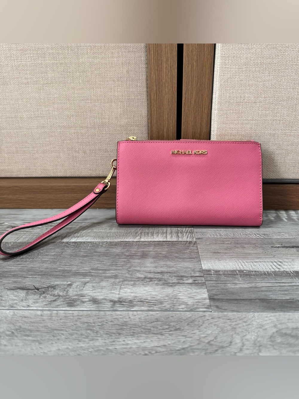 Michael Kors Pink Saffiano Leather Wristlet Clutch with Gold Hardware
